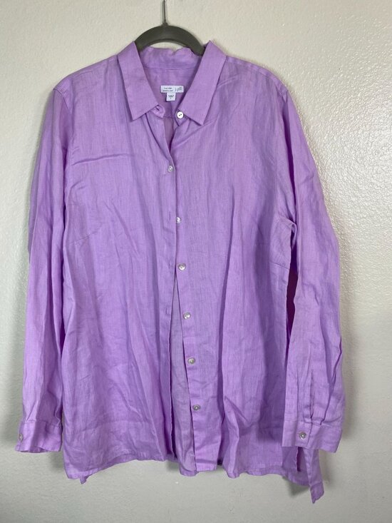 J. Jill Love Linen Essential Button Up Long Sleeve Tunic Top Size Large Purple - Picture 1 of 13